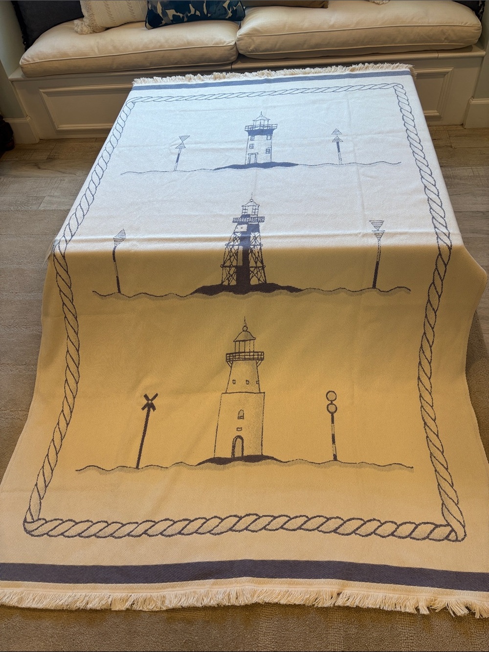 Ekelund Nautical Lighthouse Throw Blanket in Cream and Navy